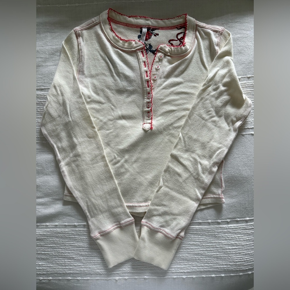 Free People Cream Long Sleeve Henley Top with Pink Stitching